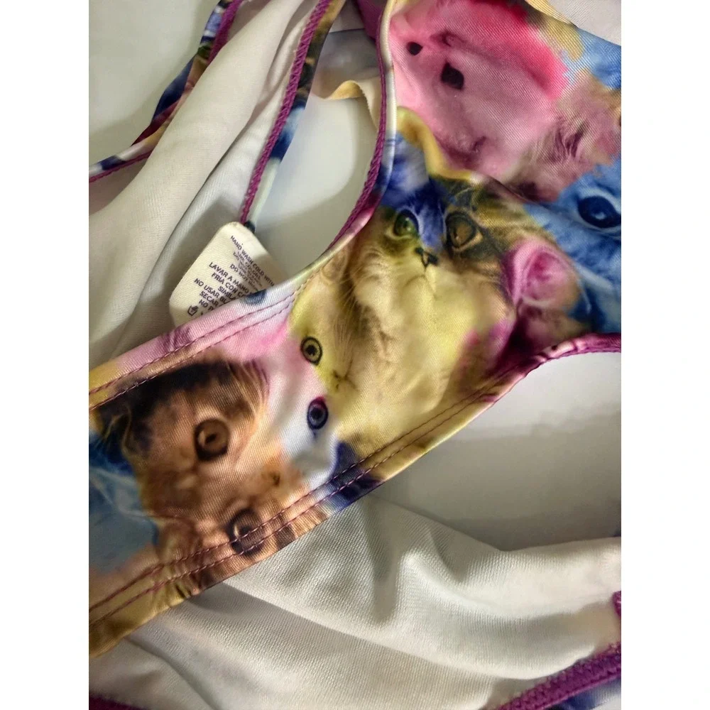 OP Ocean Pacific Girls Cat‎ Print Ruffle Halter Bikini Set Multicolor Size M 7-8